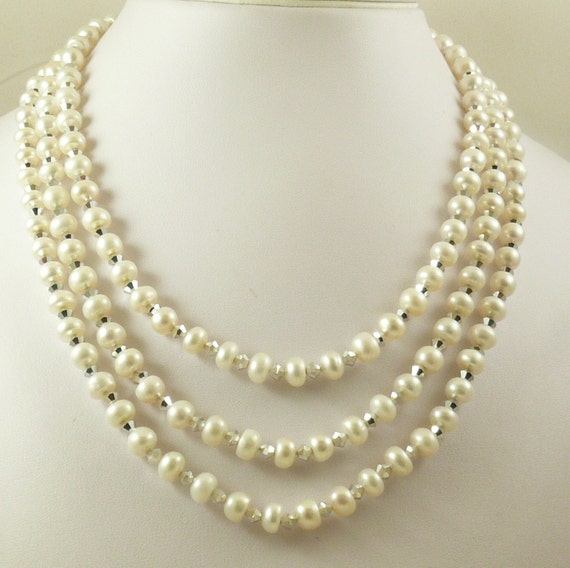 Freshwater White 4.8mmx7.2mm Pearl & Crystal Triple Strand Necklace Silver Lock