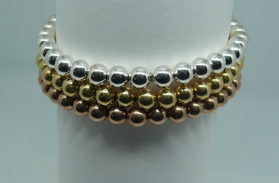 5mm 14K Yellow, Rose Gold Filled & Silver Beaded Stackable Bracelets 6.5"
