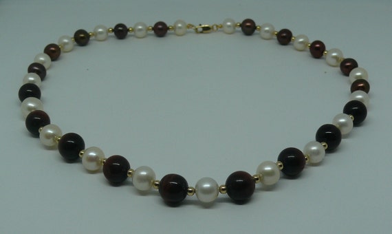 Freshwater Pearl and Tiger's Eye Necklace with 14k Gold Filled Beads & Clasp