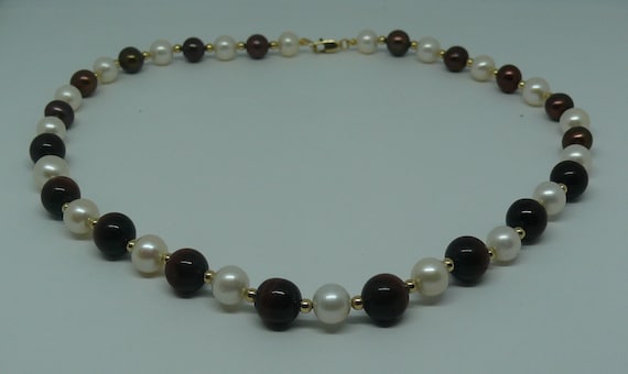 Freshwater Pearl and Tiger's Eye Necklace with 14k Gold Filled Beads & Clasp