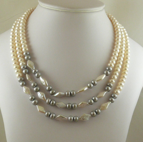 Freshwater White & Gray Pearl Triple Strand Necklace with Silver Clasp 18 1/2