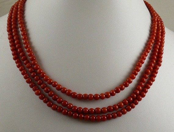 Italian 4.4 mm - 4.7 mm Coral Triple Strand Necklace With 14K Yellow Gold Clasp