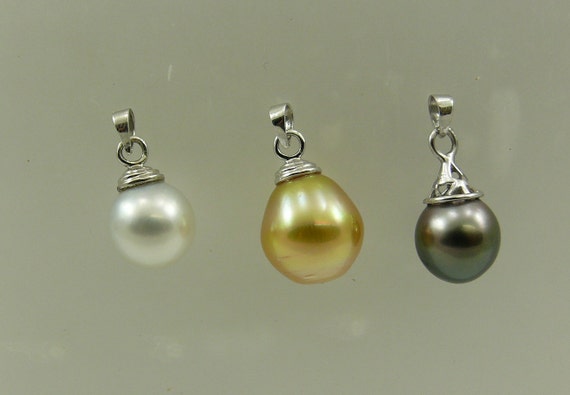 South Sea White, Golden, Black Tahitian Pearl Pendant with 14k White Gold