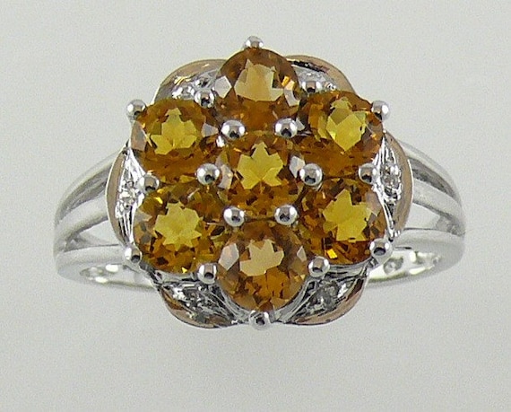 Citrine Yellow Ring 1.54ct - 14k White Gold with Diamonds 0.01ct