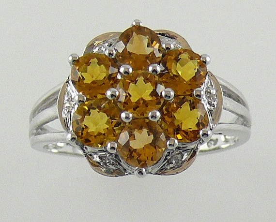 Citrine Yellow Ring 1.54ct - 14k White Gold with Diamonds 0.01ct