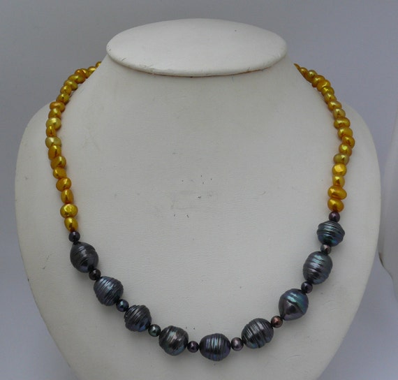 Freshwater Golden & Black Pearl Necklace with Sterling Silver Clasp