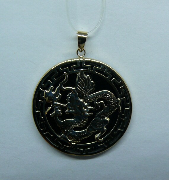 Black Onyx Dragon Pendant Greek Key with 14k Yellow Gold