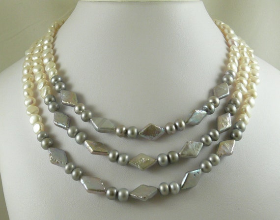 Freshwater White and Gray Pearl Necklace Silver Clasp