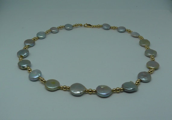 Freshwater Coin Gray Pearl Necklace with 14k Gold Filled Beads & Lobster Lock