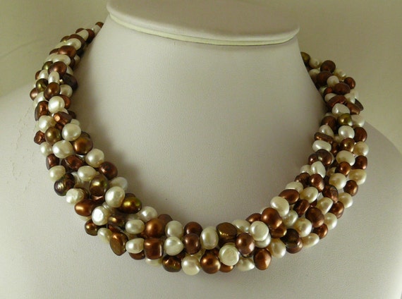 Freshwater White & Brown Flat Pearl 5 Strand Necklace with Sterling Silver Clasp