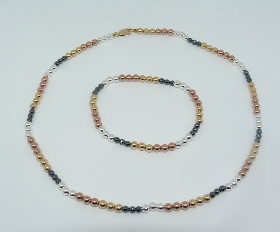 Multi-Color 4 mm Gold Filled, Silver and Hematite Bead Necklace and Bracelet Set