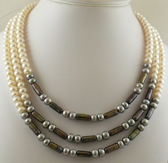 Freshwater Multicolor Pearl Triple Strand Necklace with Sterling Silver Clasp