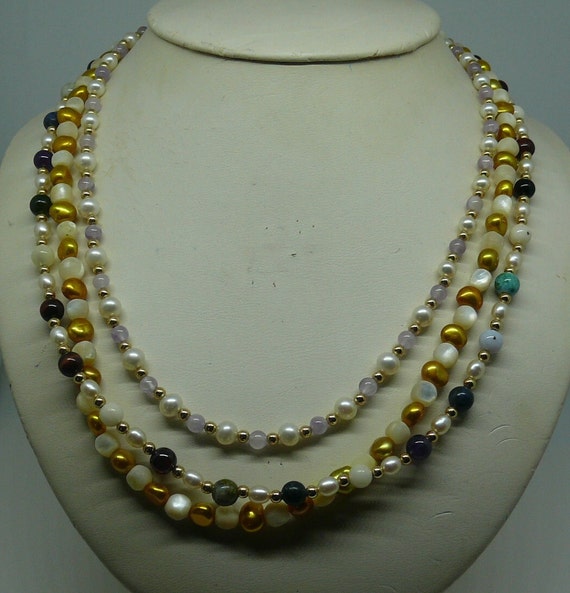 Freshwater Pearls and Semi-Precious 3 Necklaces with 14k Gold Filled Beads & Clasp