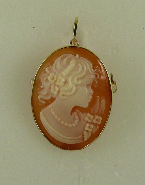 Cameo 25 mm x 17.4 mm Carnelian Shell Lady Pin and Pendant,14K Yellow Gold