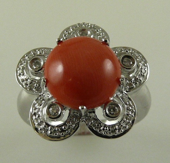 Coral 11 mm Ring with Diamonds 0.13ct 14k White Gold