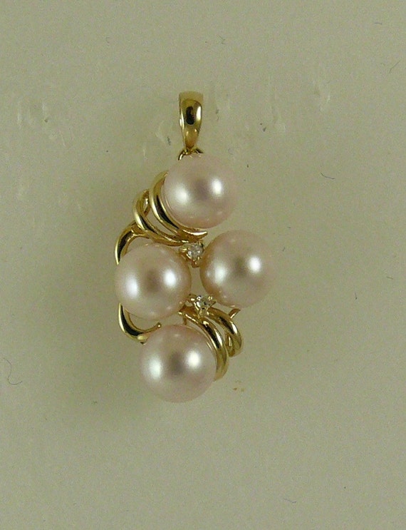 Freshwater White 6.5 mm - 7 mm Pearl Pendant ,14K Yellow Gold & Diamonds 0.02ct