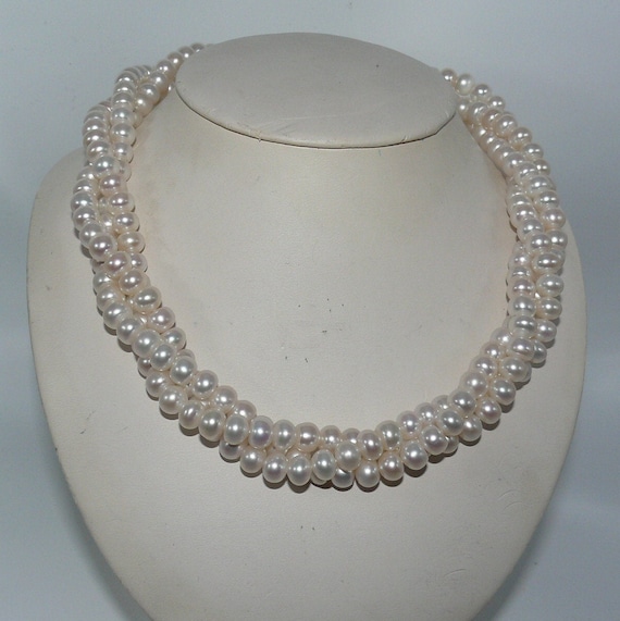 Freshwater White Rondel Shape Pearl Twisted Necklace with Sterling Silver Clasp