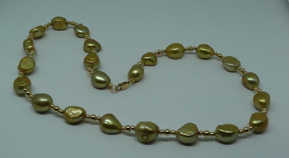 Freshwater Green Pearl Necklace with 14k Yellow Gold-Filled Beads & Clasp