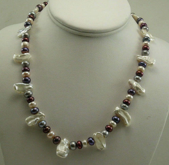 Multi-Color Freshwater Pearl Necklace 18" Long with 14k White Gold Fish Lock