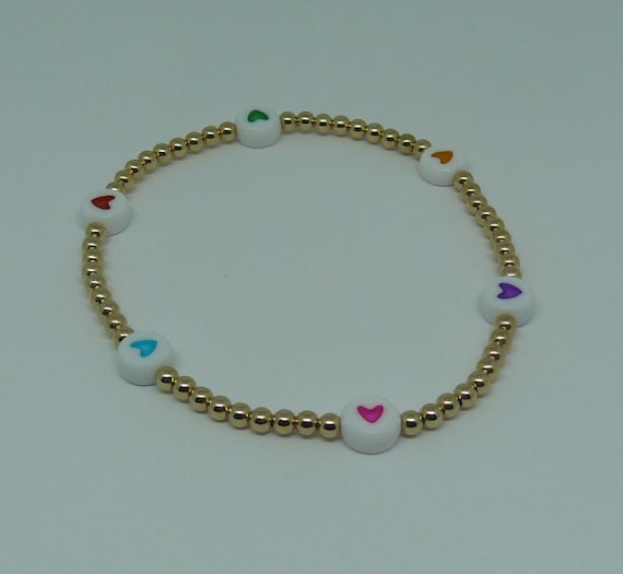 14k Yellow Gold Filled Beaded Bracelet with Multicolor Hearts 7 1/2" Long