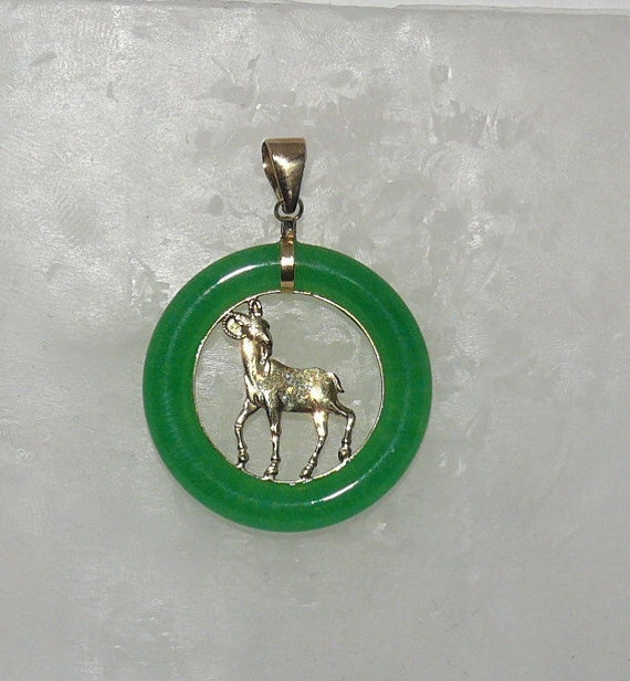 Green Jade Ram Pendant 14k Yellow Gold