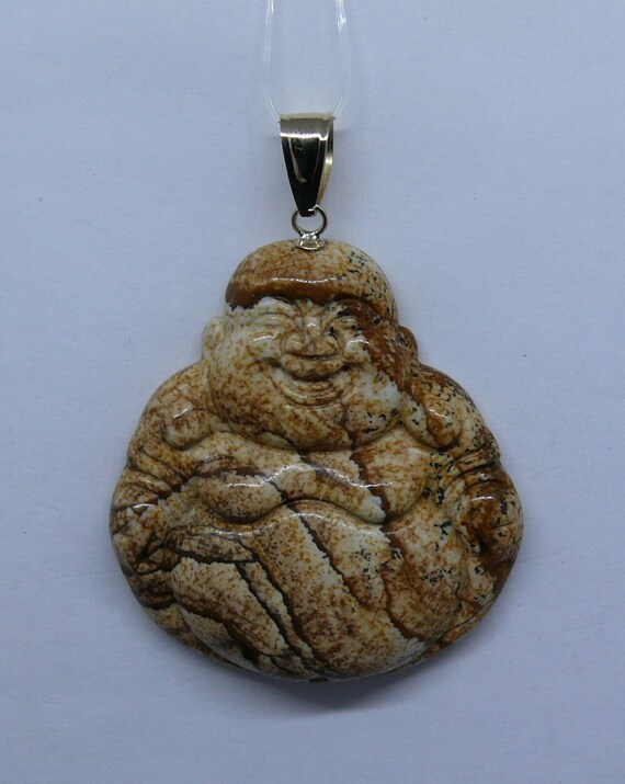 Beige and Brown Jasper Buddha Pendant with 14k Yellow Gold