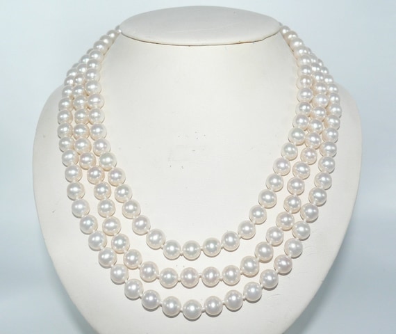 Freshwater White Pearl Triple Strand Necklace with 14k Yellow Gold Clasp