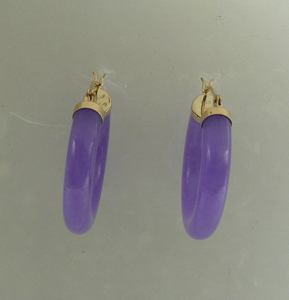 Lavender Jade 4.5 mm x 25.4 mm Hoop Earrings 14k Yellow Gold