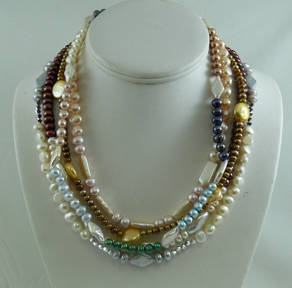 Freshwater Pearls Multi-Color Five Single Strand Necklaces Sterling Silver Lock