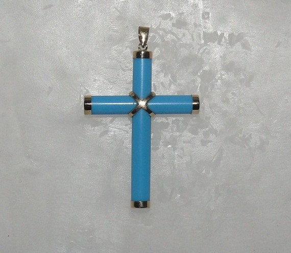 Reconstituted Turquoise Cross Pendant with 14k Yellow Gold