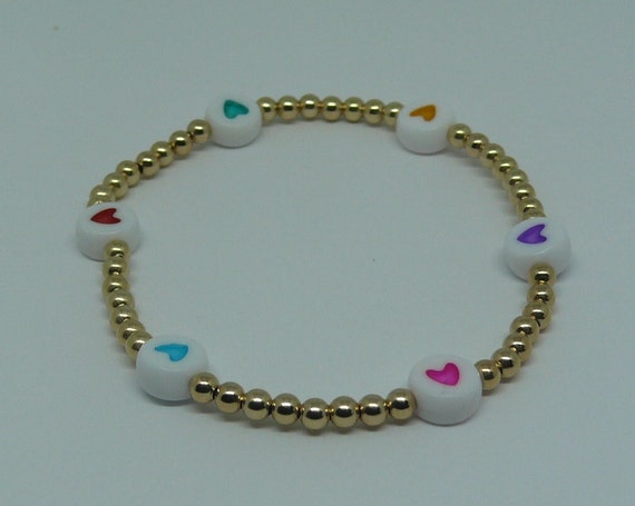 14k Yellow Gold Filled Beaded Bracelet with Multicolor Hearts 6 1/2" Long