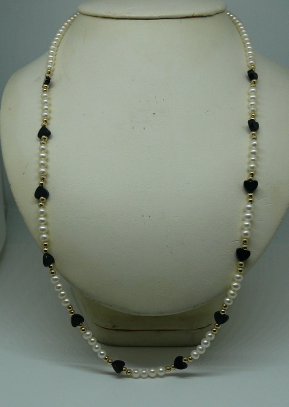 Freshwater Pearl & Black Onyx Heart Necklace with 14k Gold Filled