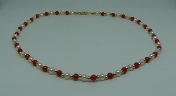 Italian 4.5 mm - 4.7 mm Coral & Freshwater Pearl Necklace With 14K Yellow Gold