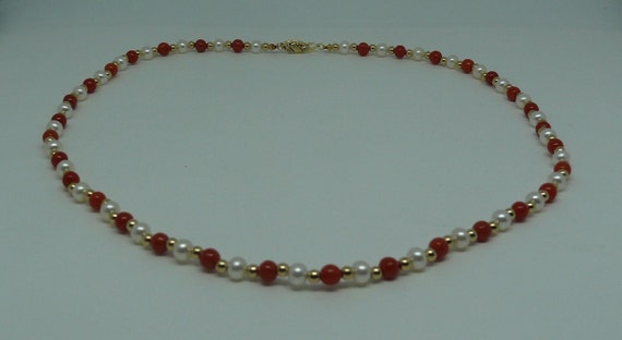 Italian 4.5 mm - 4.7 mm Coral & Freshwater Pearl Necklace With 14K Yellow Gold