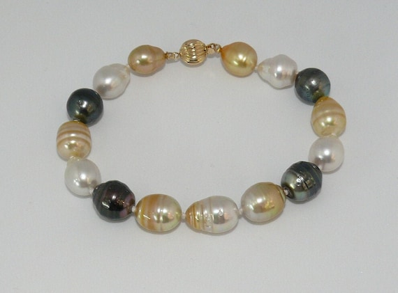 South Sea and Tahitian Multi-Color Pearl Bracelet 14K Yellow Gold Clasp, 8"