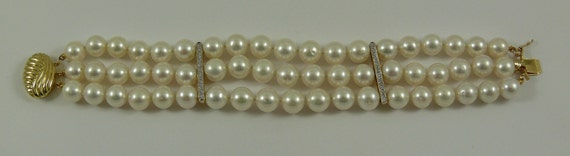 Freshwater Pearl Triple Strand Bracelet with14k Yellow Gold Clasp & Diamond Bars