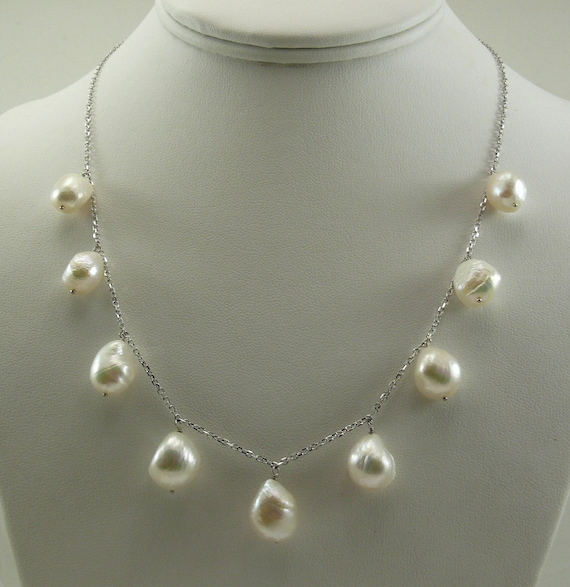 Freshwater White Pearl Tin Cup Necklace 14k White Gold Cable Chain 18 Inches