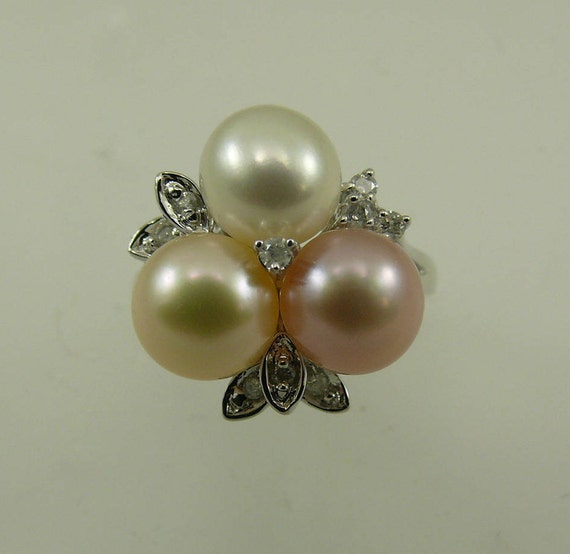 Freshwater Multi-Color Pearl Ring with Diamonds 14k White Gold