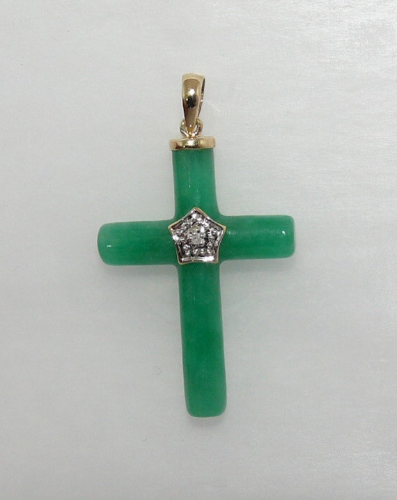 Jade Green Cross Pendant with Diamond 14k Yellow Gold