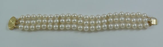 Freshwater Pearl Triple Strand Bracelet with 14k Yellow Gold Clasp and 2 Bars