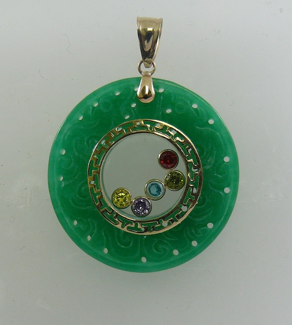 Jade Pendant with Multi-Color Gem Stone 14k Yellow Gold