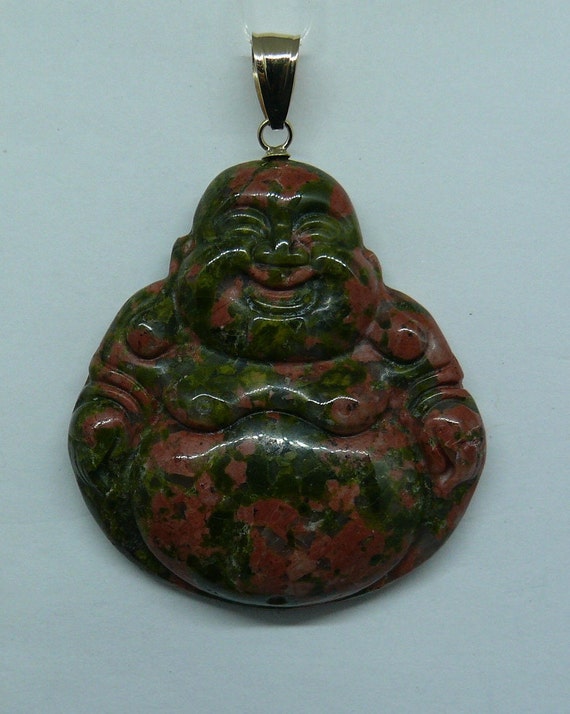 Green & Orange Jasper Buddha Pendant with 14k Yellow Gold