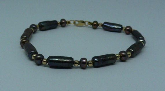 Freshwater Black Pearl Bracelet with 14k Yellow Gold-Filled Beads & Clasp