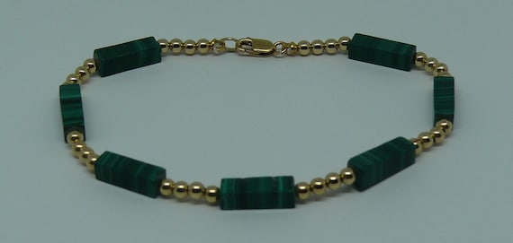 Malachite Bracelet 14k Yellow Gold Filled Clasp 7 1/2 Inches Long