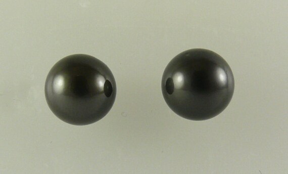 Tahitian Black 12.1mm - 12.0mm Pearl Stud Earrings 14k White Gold Post Push Back