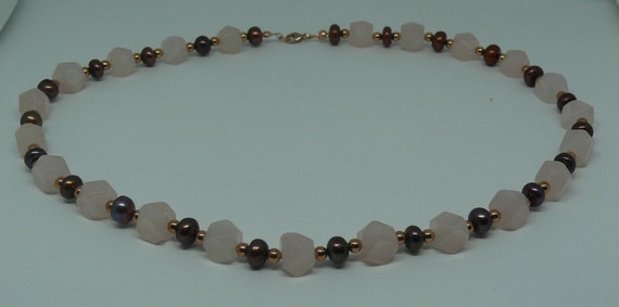 Rose Quartz & Freshwater Pearl Necklace with 14k Rose Gold Filled Lobster Lock