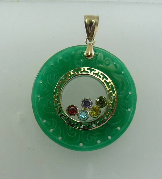 Jade Pendant with Multi-Color Gem Stone 14k Yellow Gold