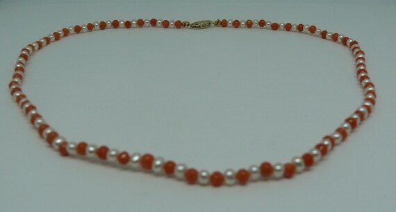 Italian Coral and Freshwater White Pearl Necklace with 14k Yellow Gold Clasp