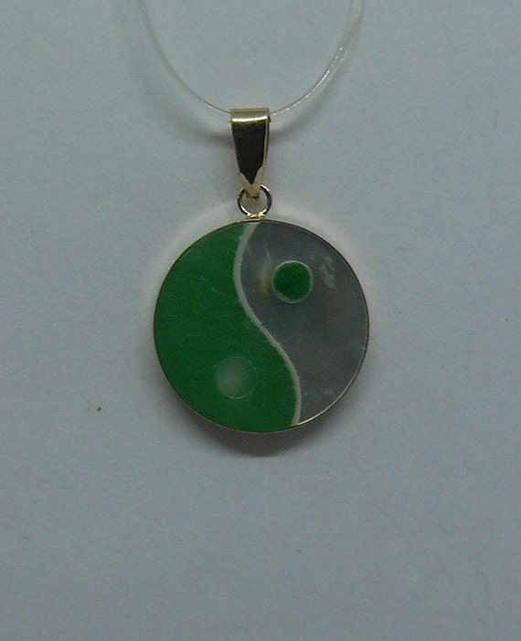 Green Jade and Mother of Pearl Yin Yang Pendant 14k Yellow Gold