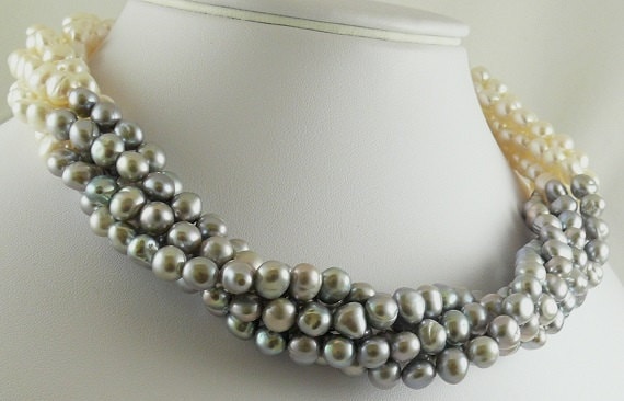 Freshwater 6.5mm - 7mm Gray & White Pearl Choker Necklace Silver Lock 18 1/2"